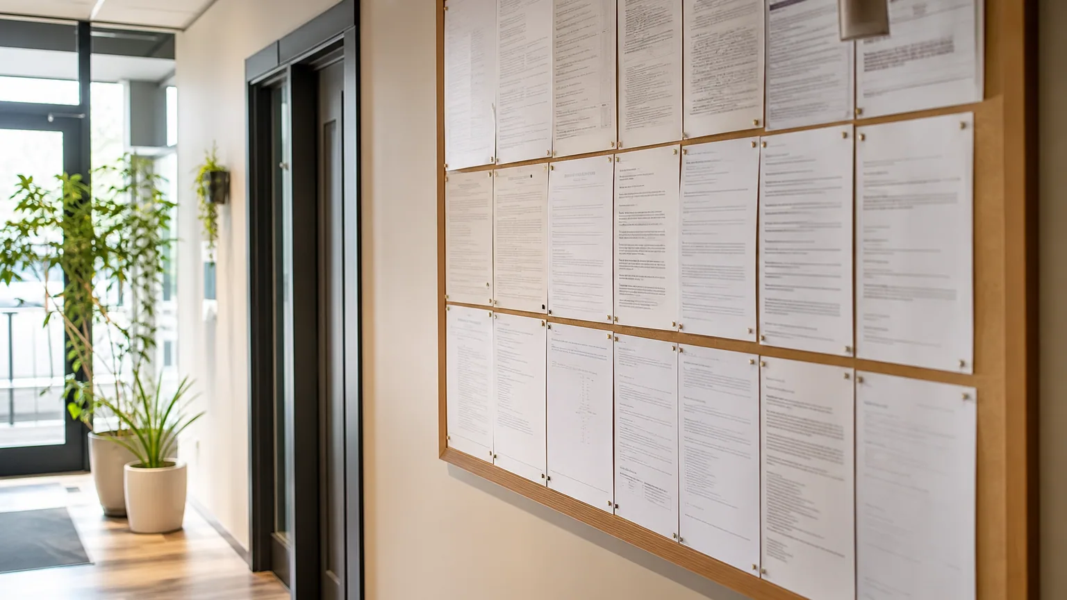 Panneau d'affichage obligatoire dans les locaux d'une petite entreprise avec plusieurs documents réglementaires