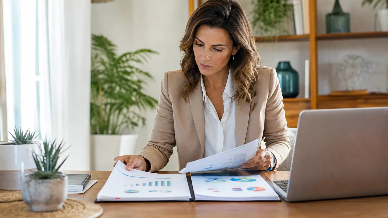 Créateur d'entreprise comparant deux options de financement devant des documents et un ordinateur