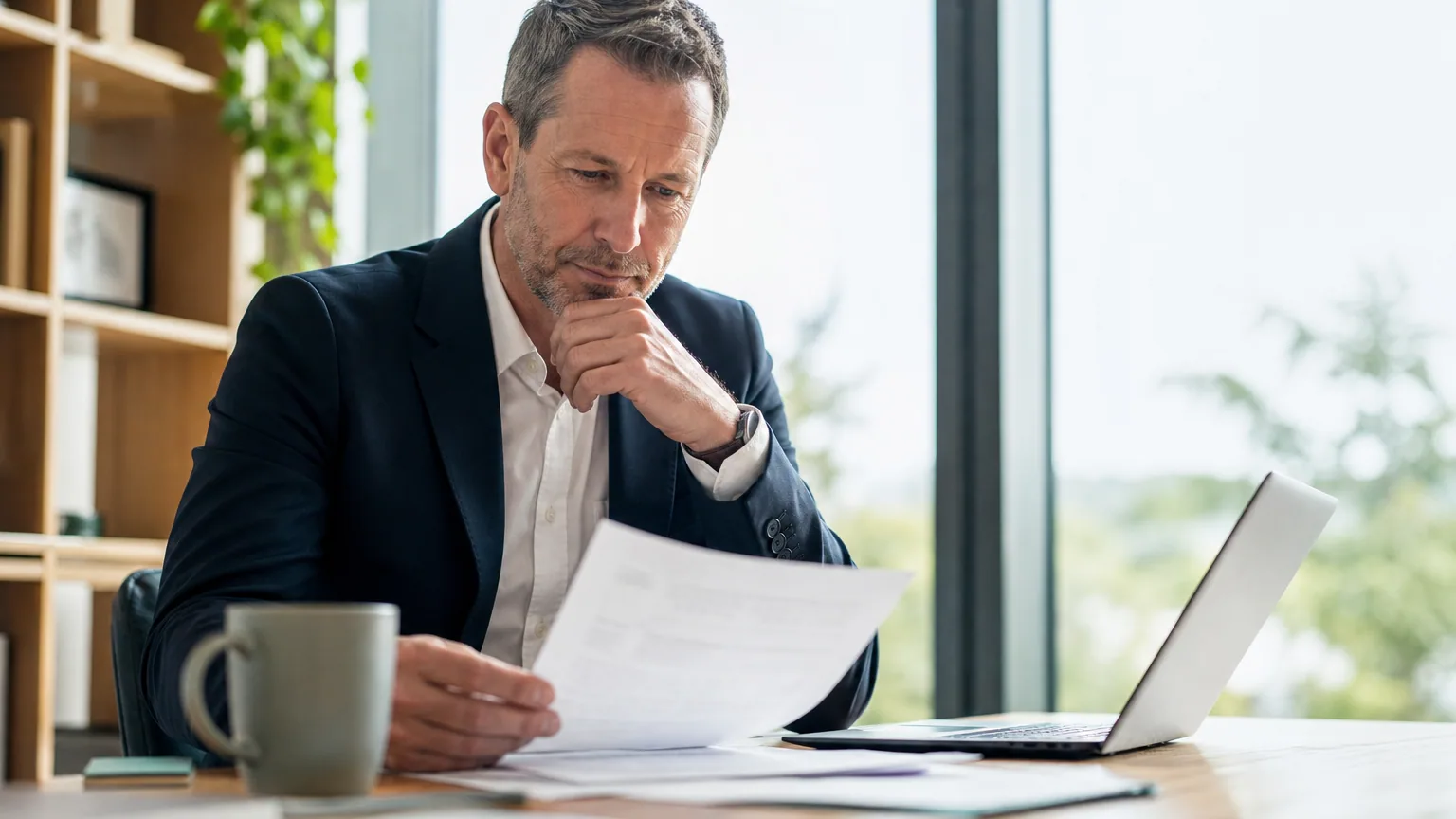 Dirigeant d'entreprise étudiant un contrat d'assurance chômage privée à son bureau