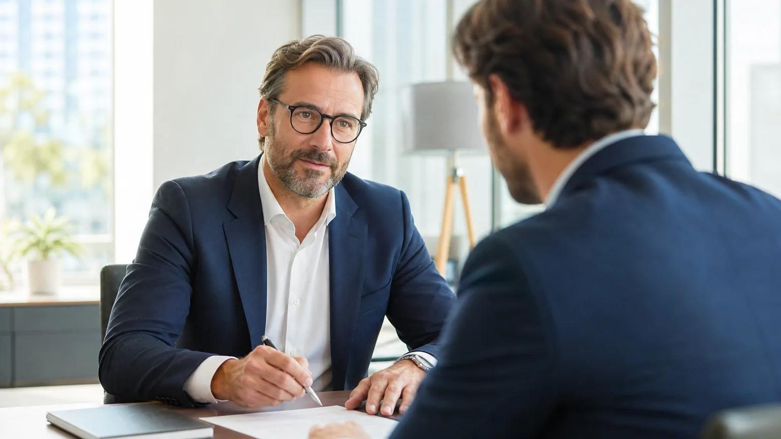 Dirigeant de PME signant un contrat d'assurance dans un bureau, associé en arrière-plan