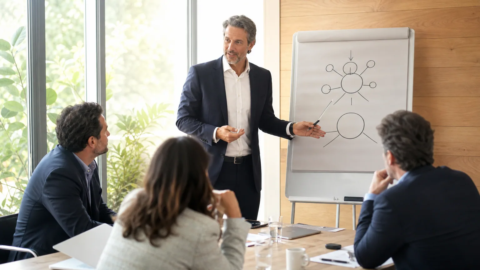Dirigeant présentant un plan d'attribution gratuite d'actions à son équipe dans une PME