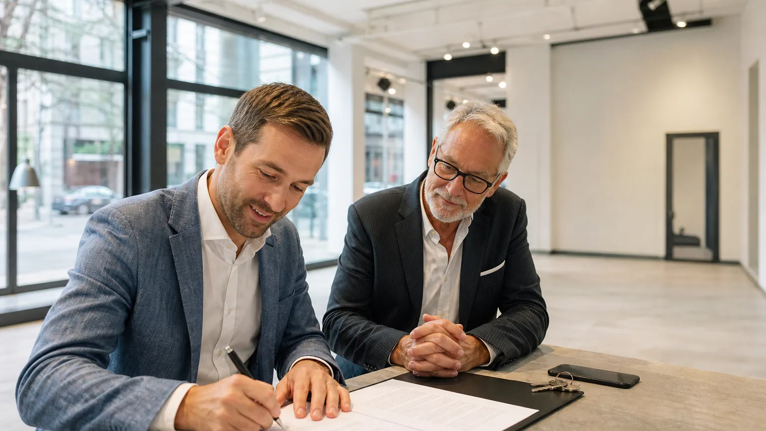 Entrepreneur signant un contrat de bail précaire pour un local commercial