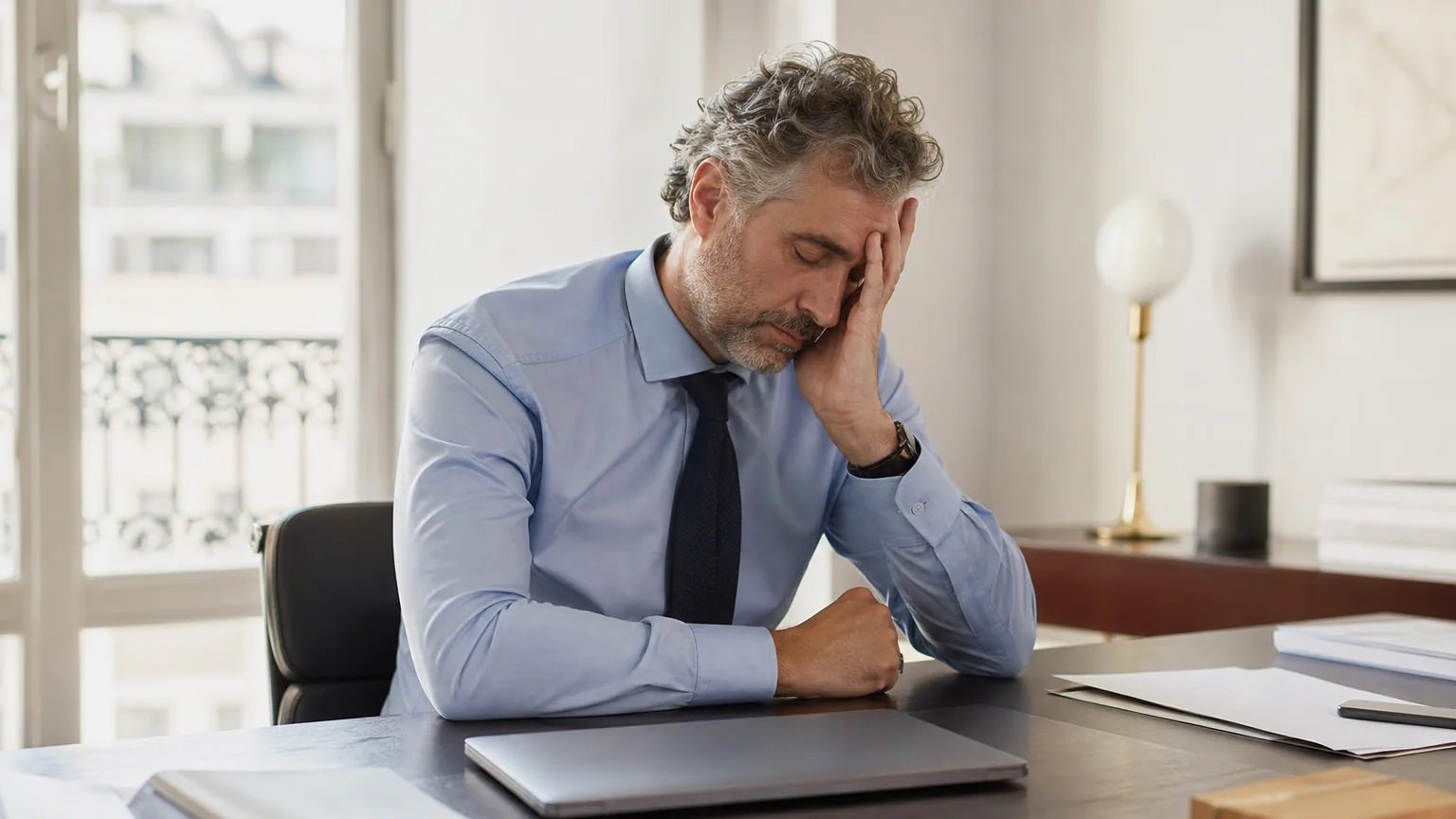 Dirigeant d'entreprise épuisé, seul dans son bureau, moment de prise de conscience
