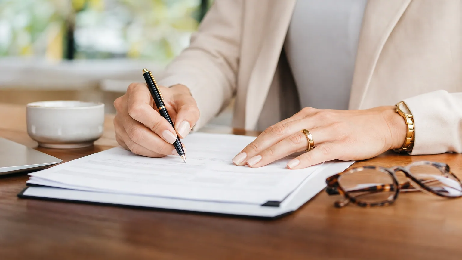Dirigeante de PME annotant la clause pénale d'un contrat commercial avant signature