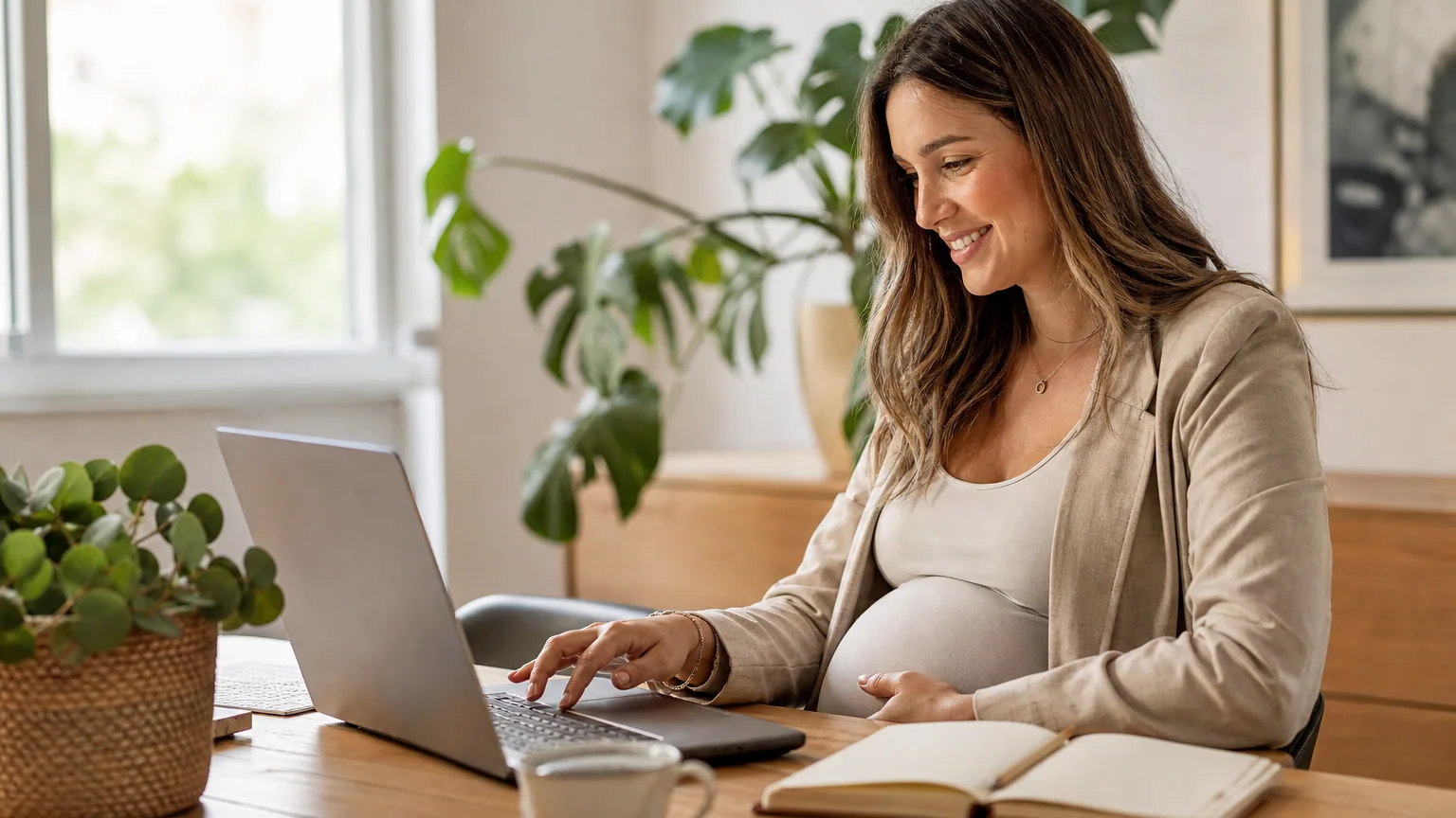 Entrepreneure enceinte travaillant sereinement sur son ordinateur portable dans son bureau à domicile