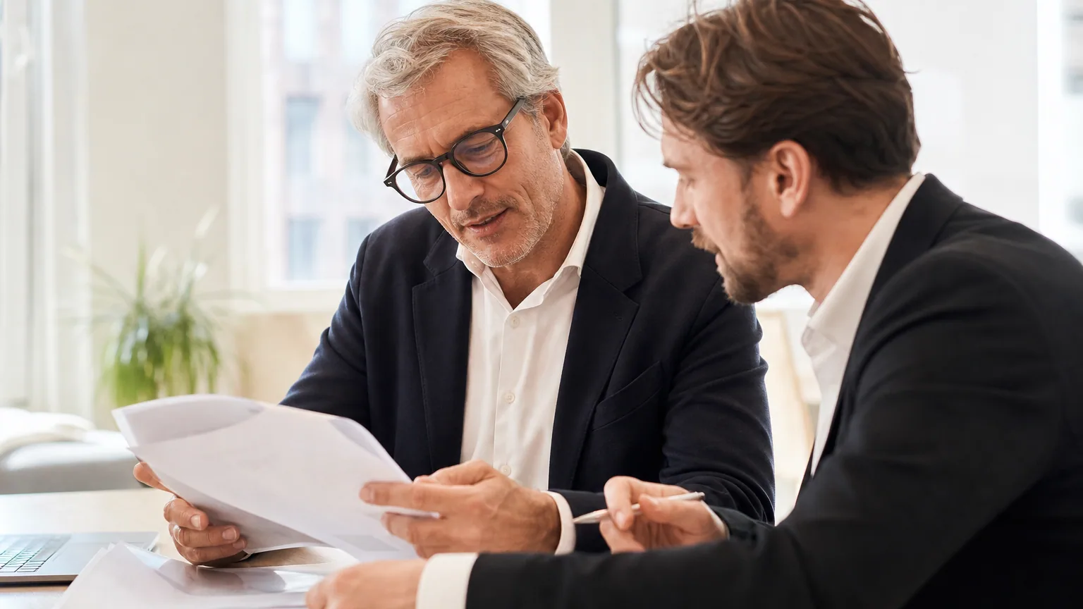 Dirigeant de PME et son expert-comptable préparant les documents pour un contrôle URSSAF