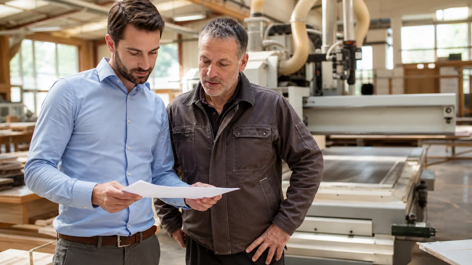 Artisan et comptable examinant un contrat de financement devant une machine-outil en atelier