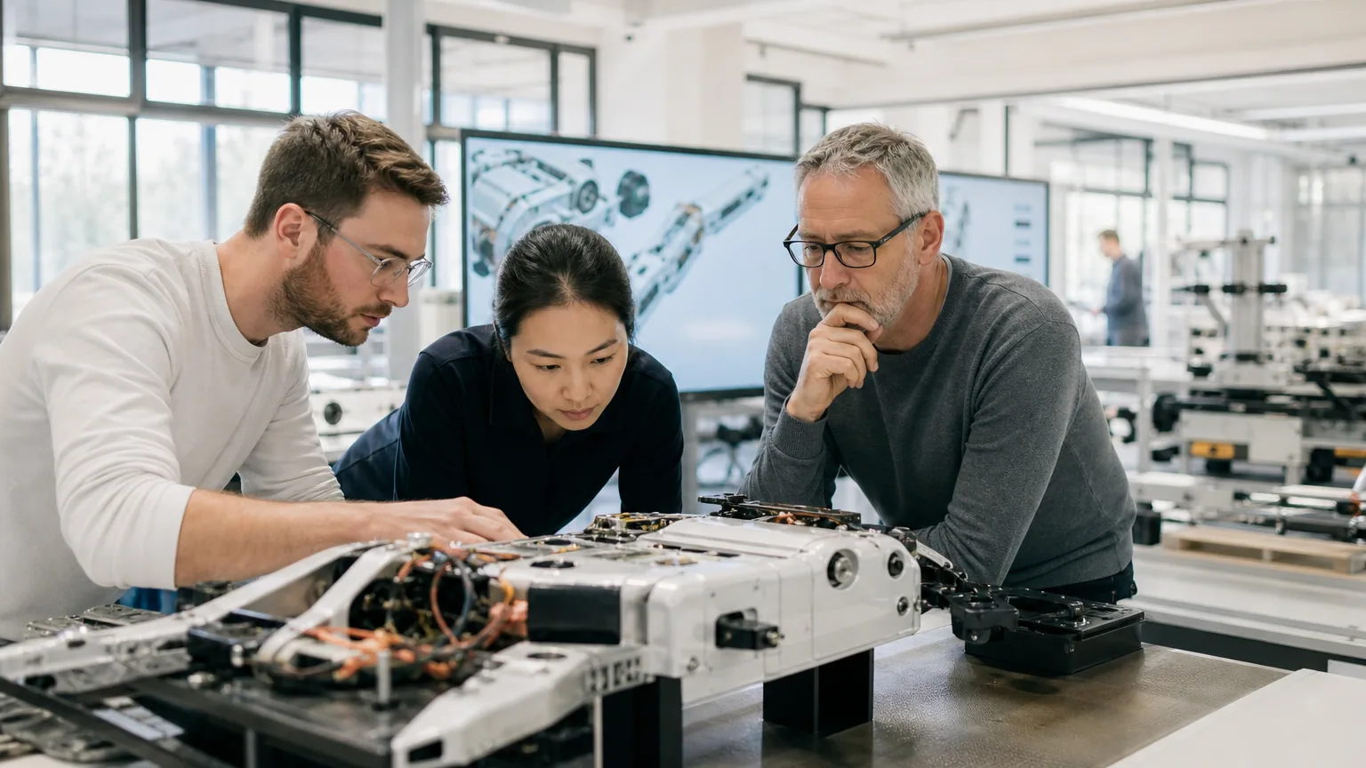 Ingénieurs travaillant sur un prototype technique dans un atelier de R&D pour le crédit d'impôt recherche