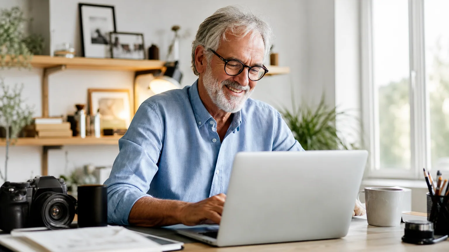 Retraité travaillant sur son ordinateur portable pour son activité indépendante