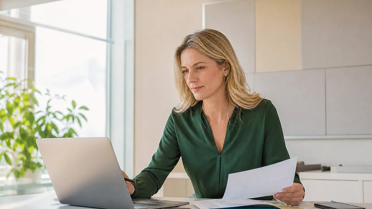 Dirigeante de PME vérifiant les échéances de paiement de ses factures clients sur son ordinateur