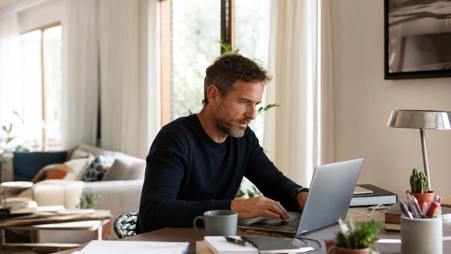 Entrepreneur travaillant à un bureau installé dans son salon, siège social domicilié chez lui