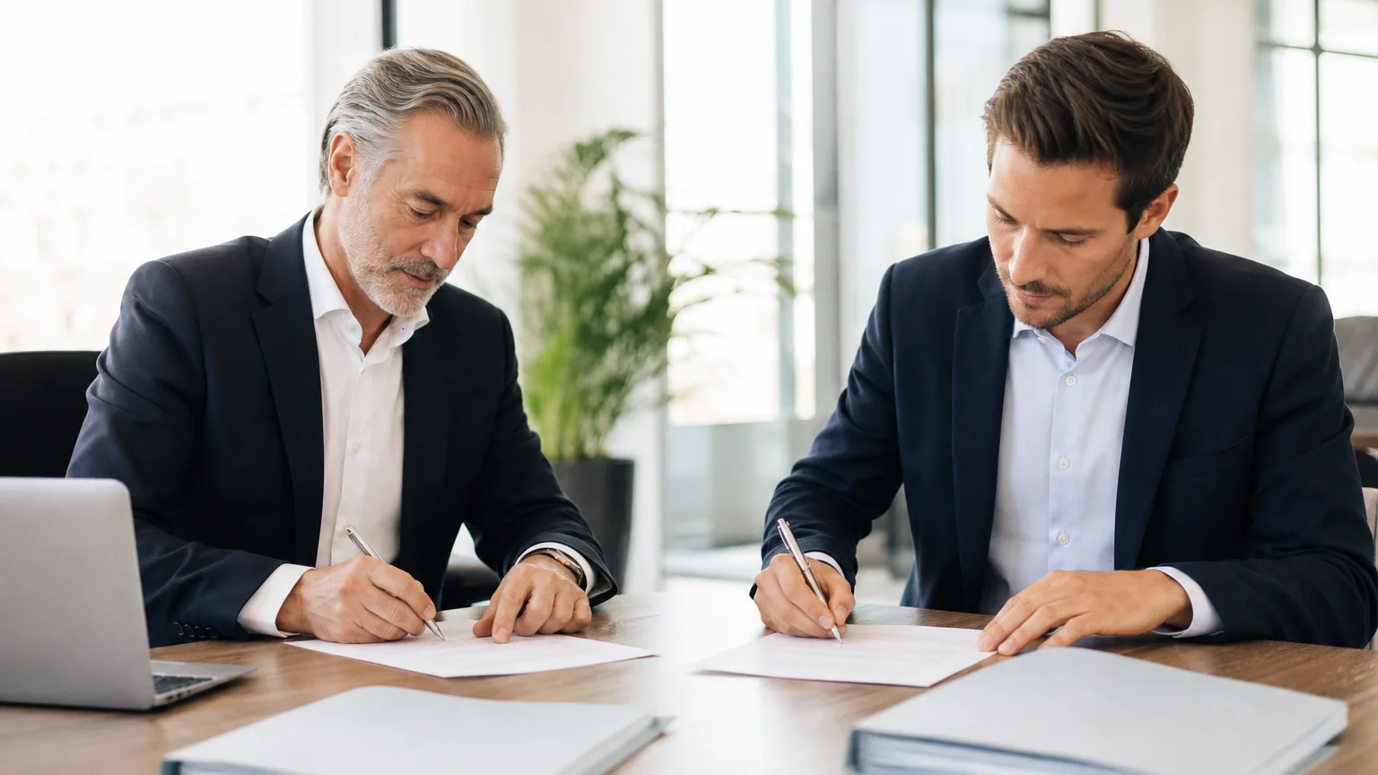 Repreneur et cédant signant un acte de cession d'entreprise avec garantie d'actif et de passif