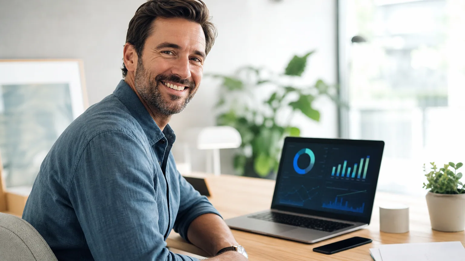 Entrepreneur utilisant un outil de comptabilité assisté par IA sur ordinateur