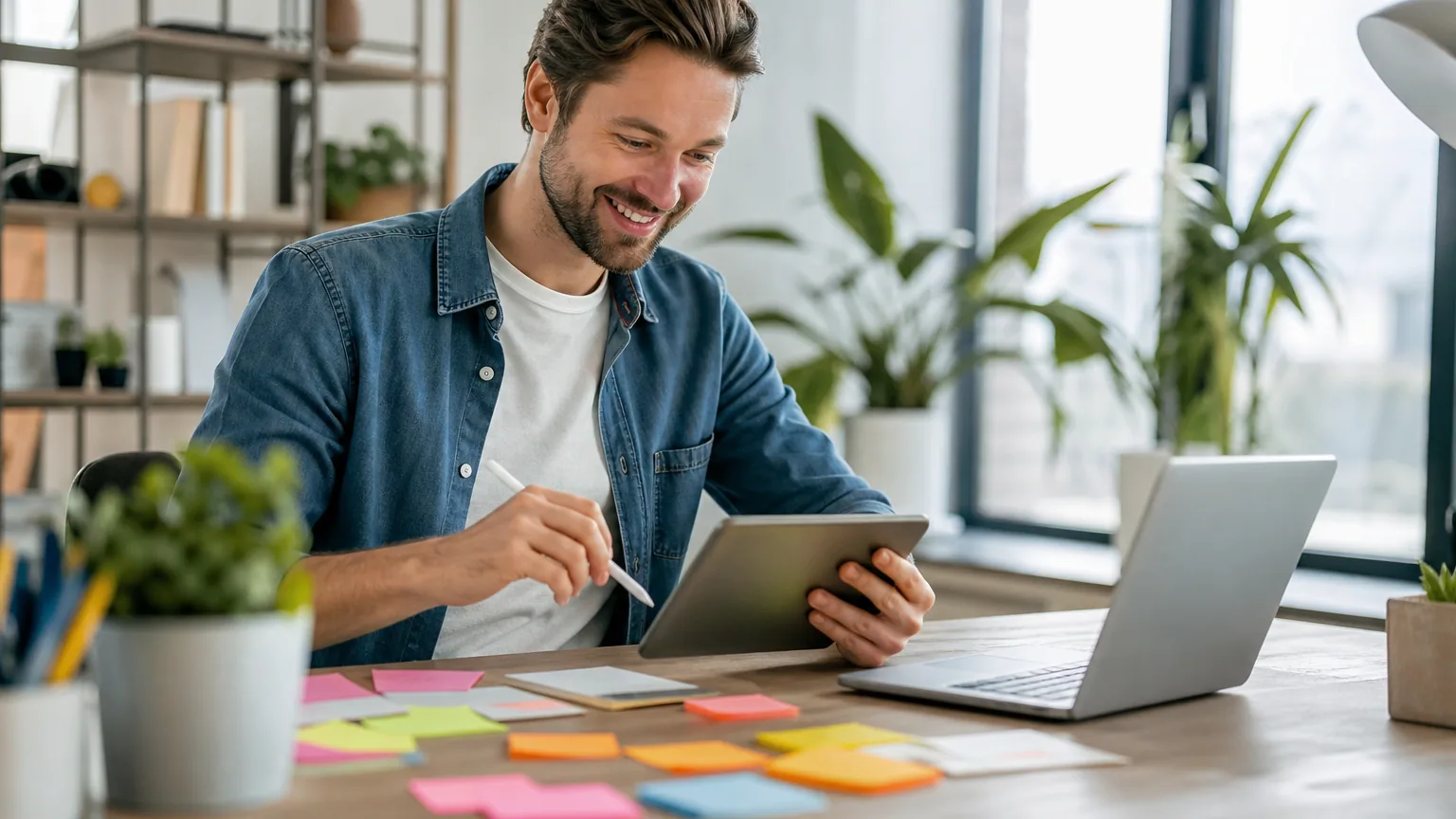 Entrepreneur planifiant son calendrier de contenu réseaux sociaux assisté par intelligence artificielle