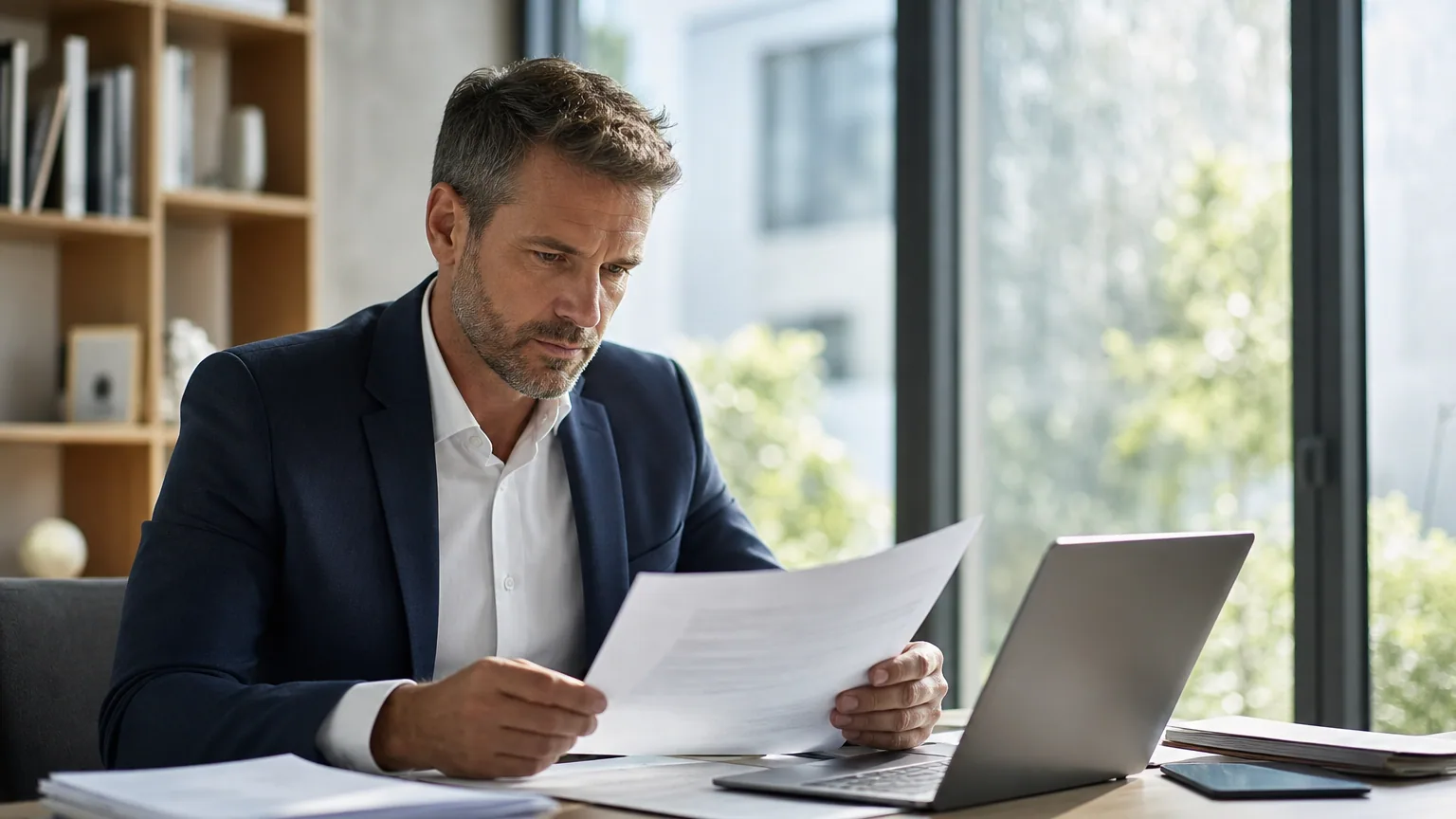 Entrepreneur relisant un contrat commercial sur un ordinateur avec une assistance rédactionnelle par IA