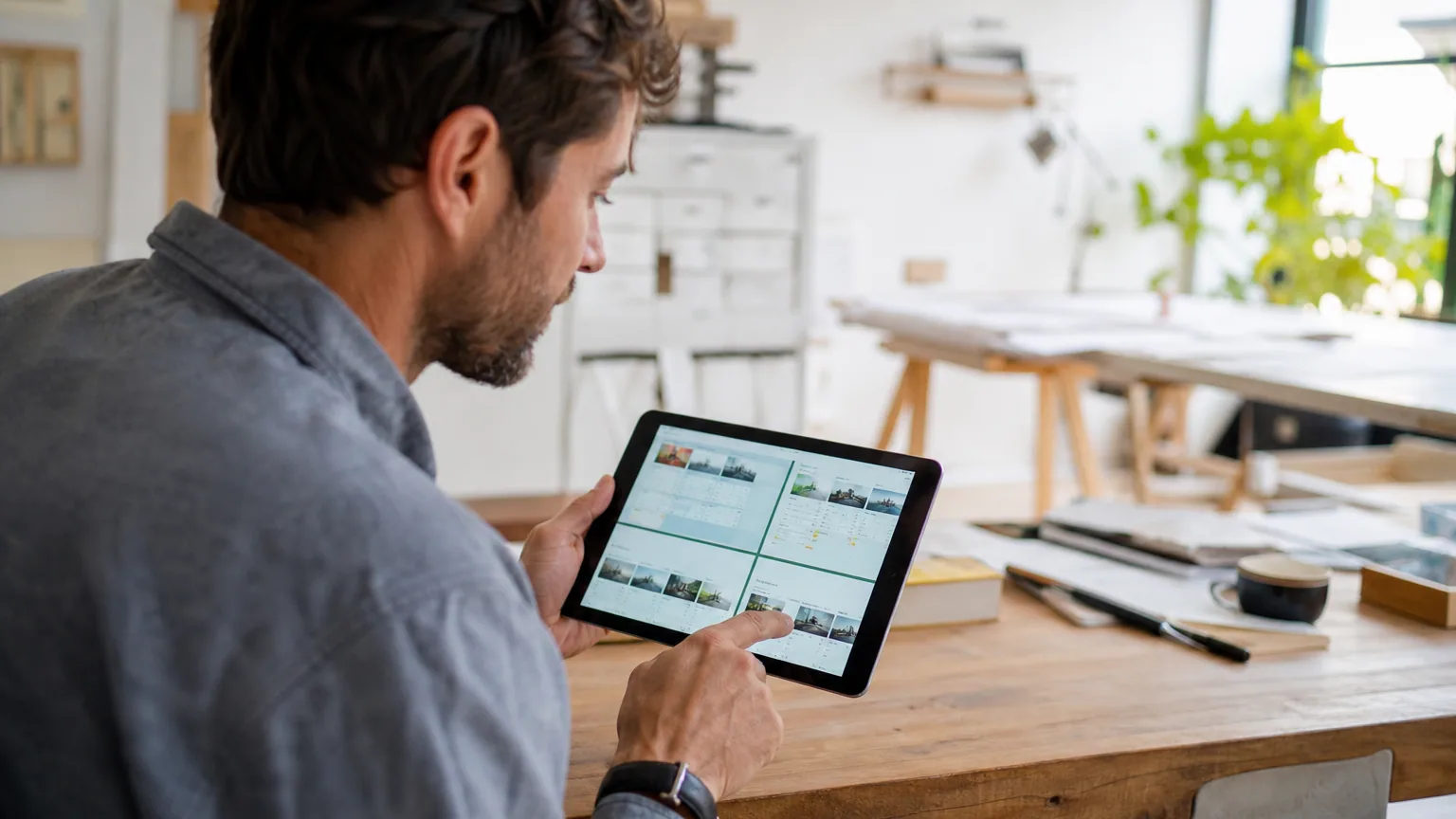 Entrepreneur pilotant plusieurs projets sur un tableau de bord assisté par IA