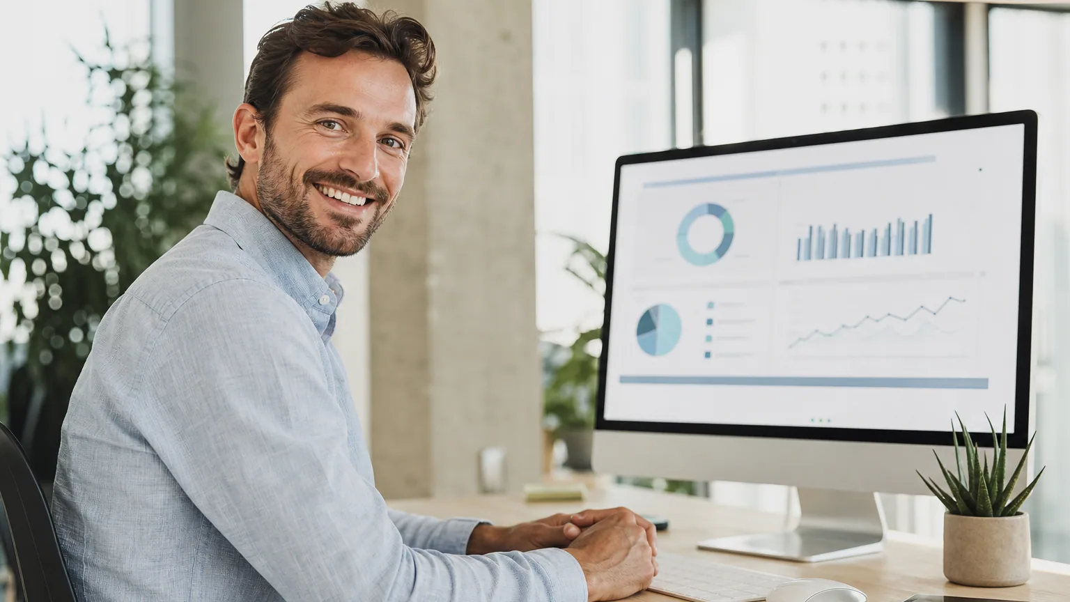 Entrepreneur analysant un tableau de bord de prospection commerciale assistée par IA