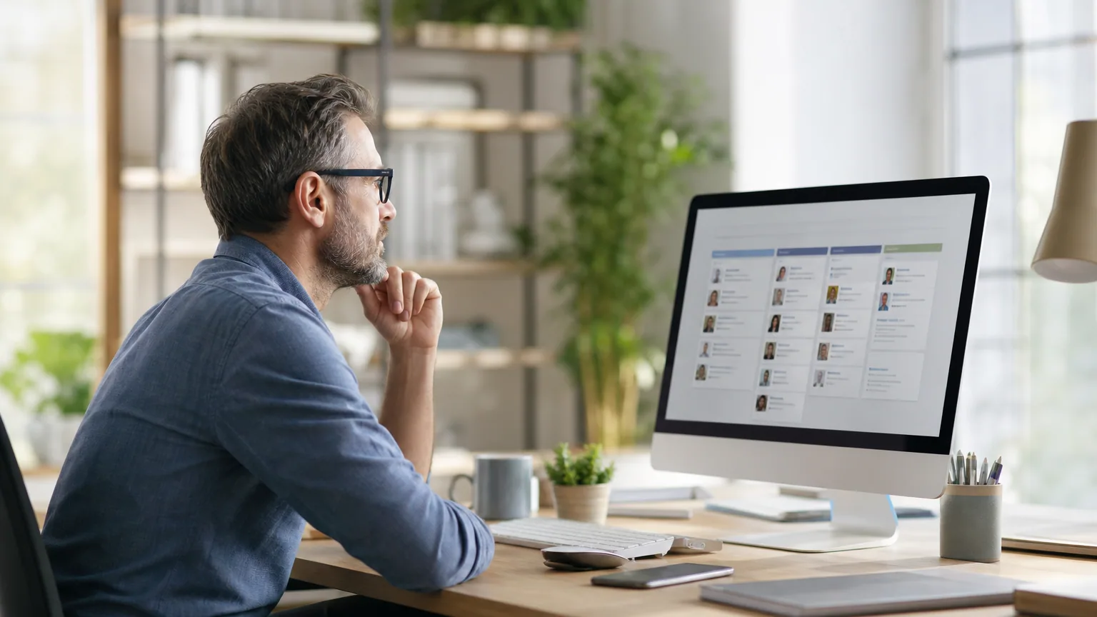 Recruteur analysant des candidatures sur un écran assisté par intelligence artificielle