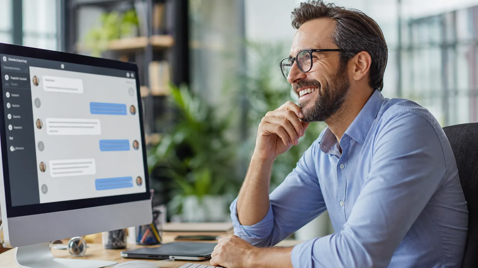 Entrepreneur consultant un tableau de bord de service client assisté par intelligence artificielle