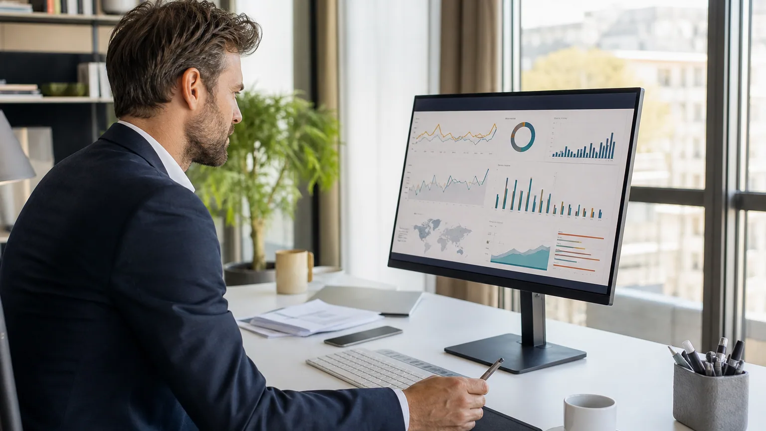 Entrepreneur consultant un tableau de bord de veille concurrentielle assistée par IA sur un ordinateur