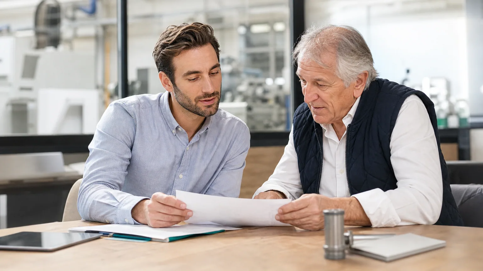 Repreneur et cédant d'une PME relisant ensemble une lettre d'intention avant signature