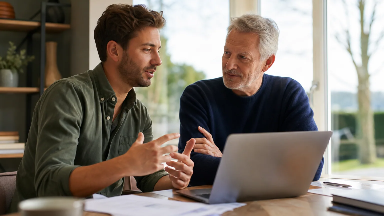 Entrepreneur discutant d'un financement autour d'une table avec un proche, documents et ordinateur portable
