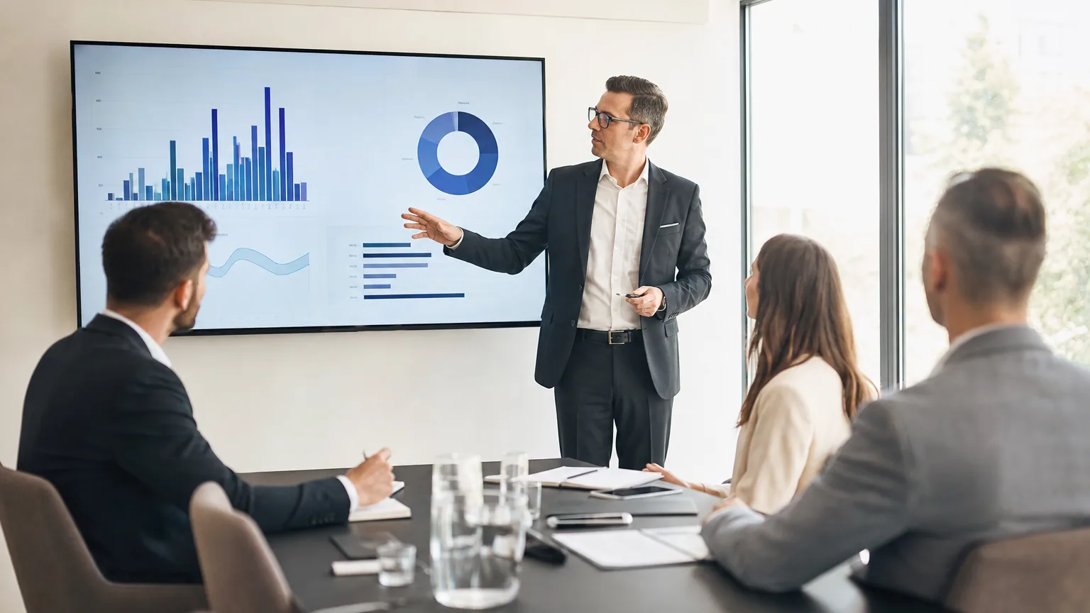 Dirigeant de holding présentant un reporting de gestion aux responsables de ses filiales