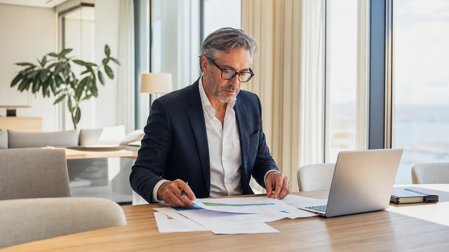 Dirigeant d'entreprise en réunion de travail autour de documents financiers