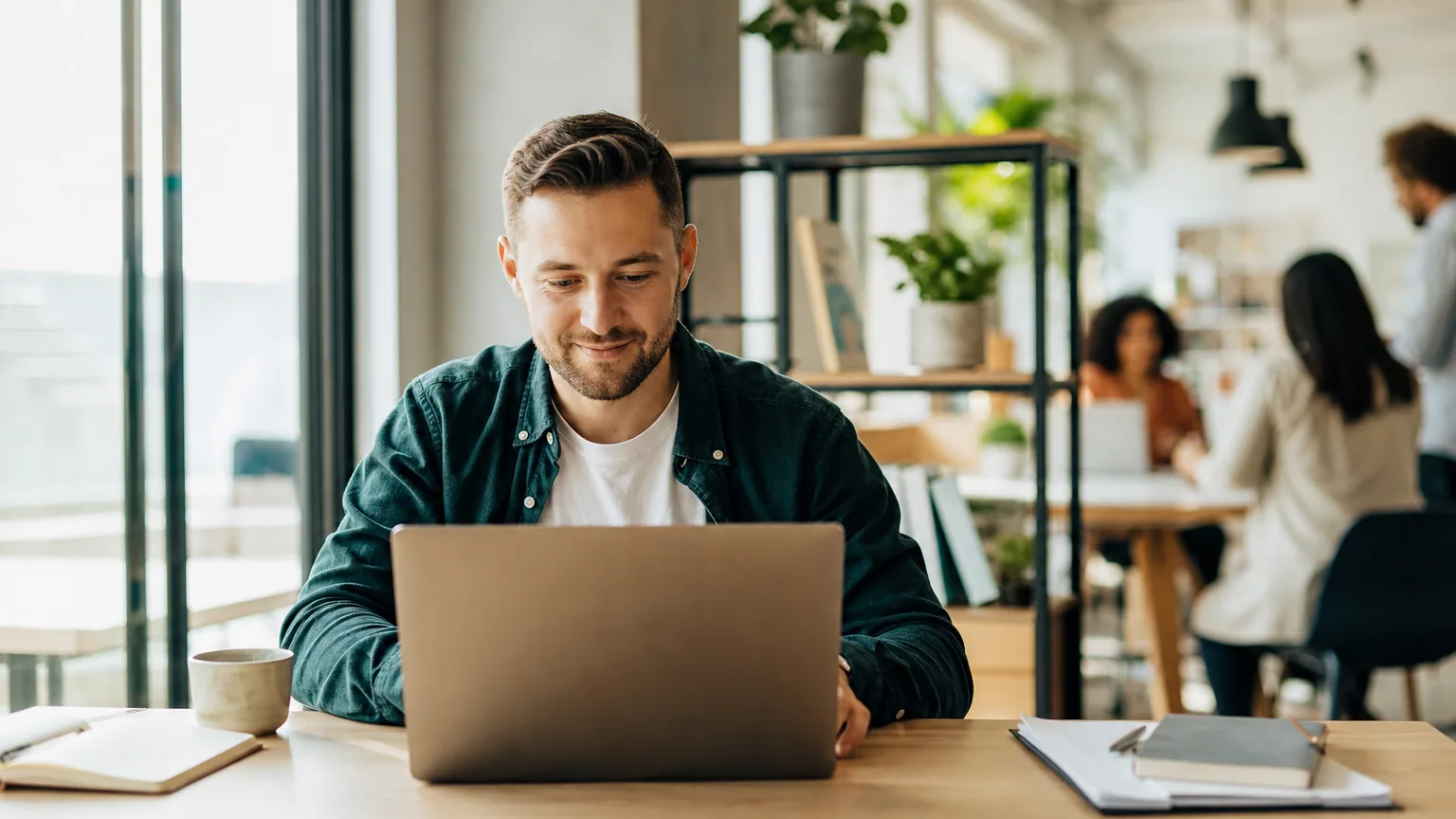 Freelance travaillant sur son ordinateur portable dans les locaux d'une entreprise cliente