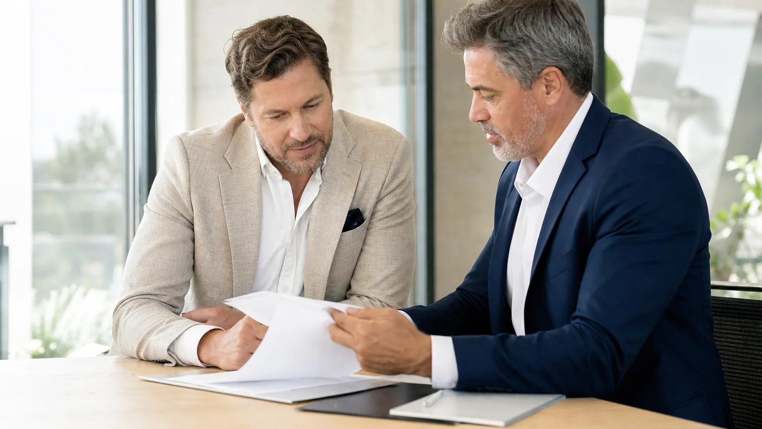 Entrepreneur consultant un dossier administratif avec un conseiller fiscal