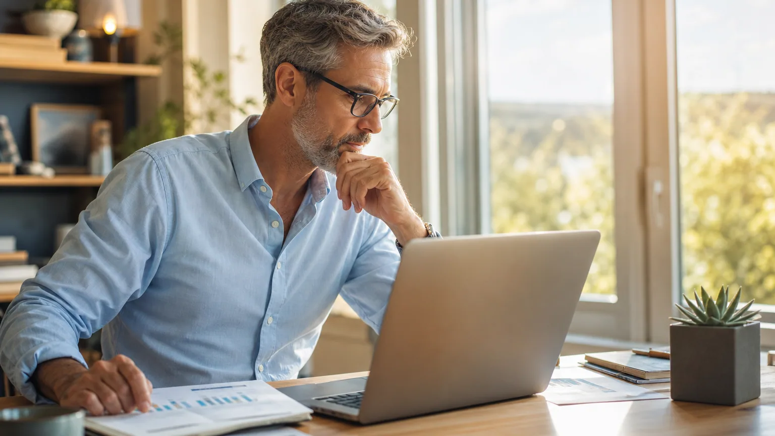 Entrepreneur indépendant préparant sa retraite avec un PER dans son bureau à domicile