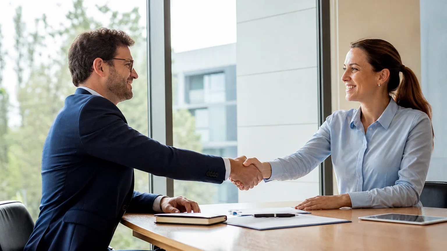 Salarié et employeur signant une rupture conventionnelle dans un bureau, poignée de main au-dessus des documents
