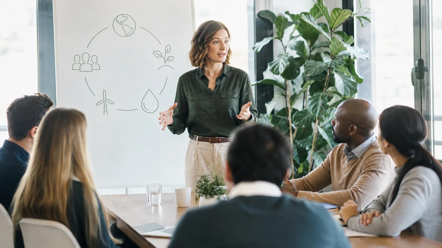 Dirigeante présentant la raison d'être de son entreprise à mission devant son équipe
