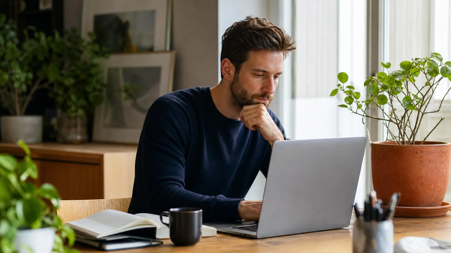 Solopreneur travaillant seul dans un bureau lumineux, organisation et sérénité