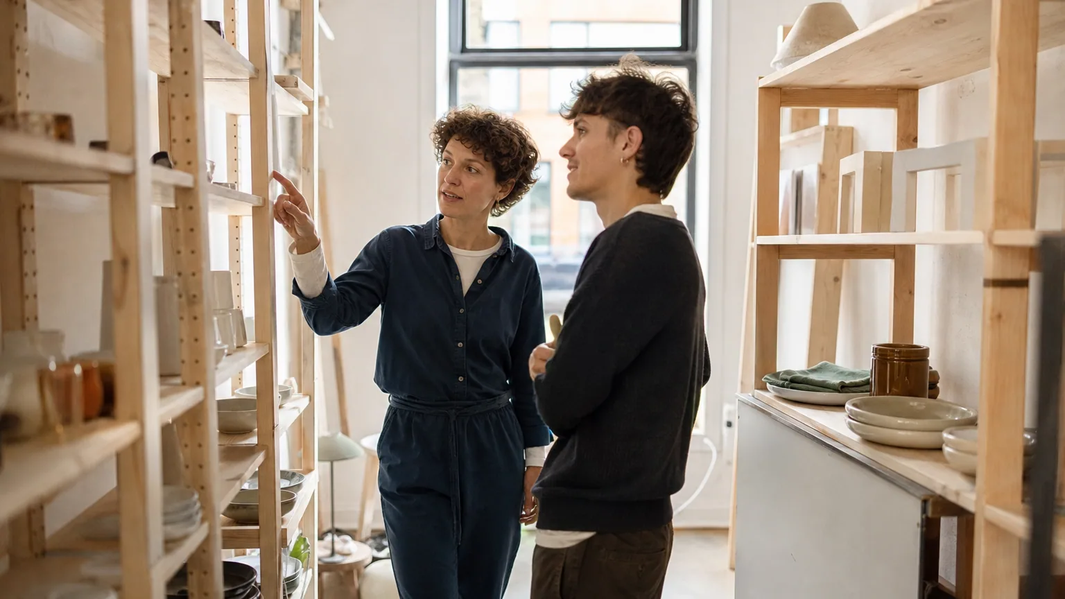 Commerçante faisant visiter une partie de sa boutique à un futur sous-locataire