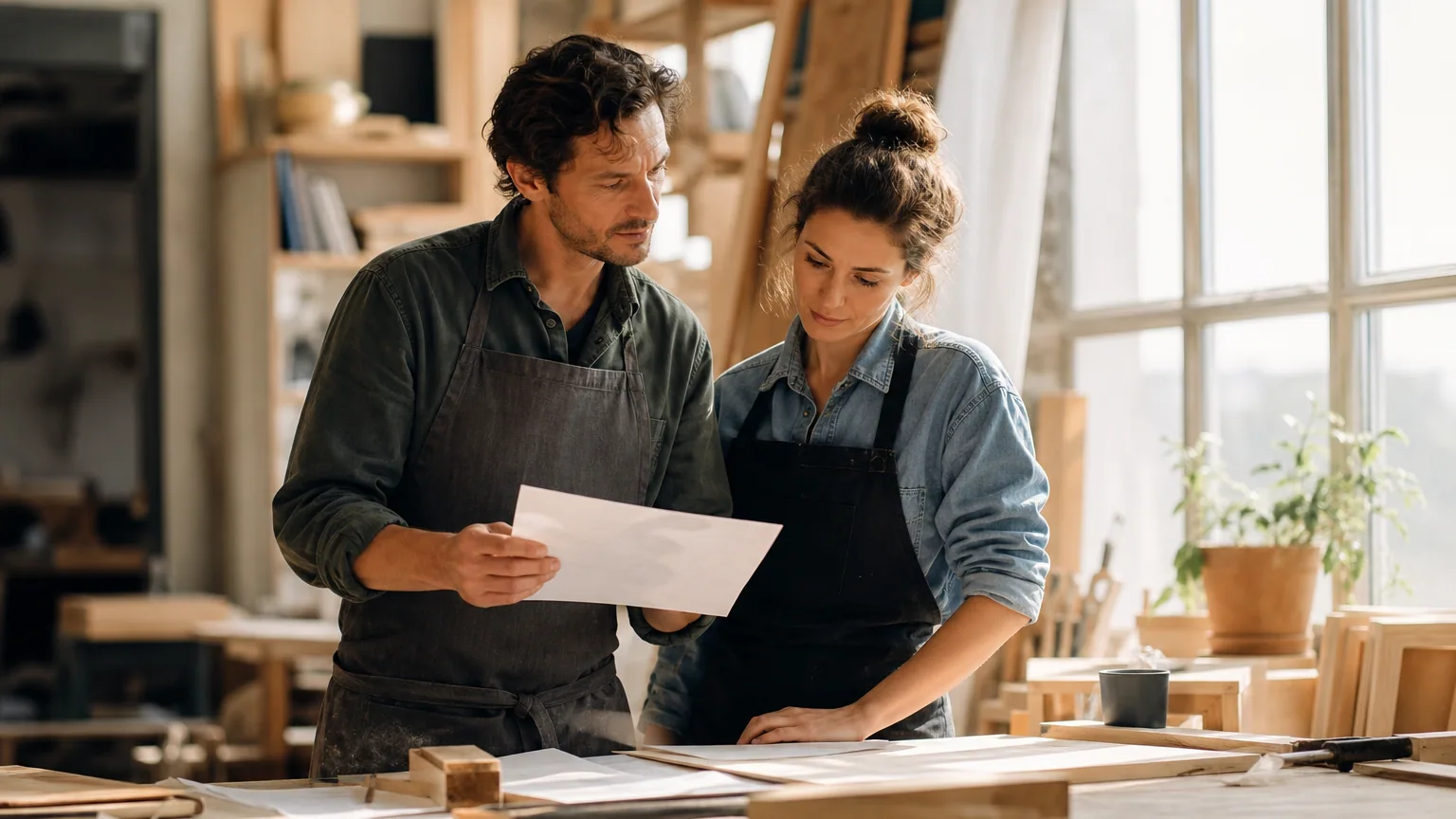 Couple d'entrepreneurs travaillant ensemble dans une petite entreprise artisanale