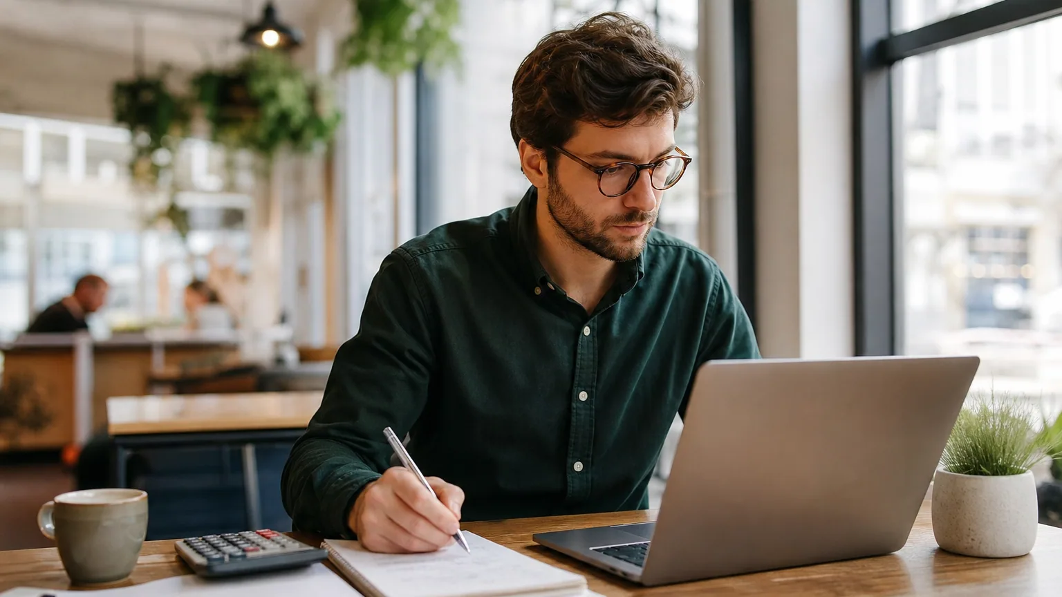 Freelance calculant son TJM sur un ordinateur portable dans un café lumineux